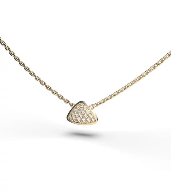Ajour pendant in 18k gold with triangular diamond pavé, front view