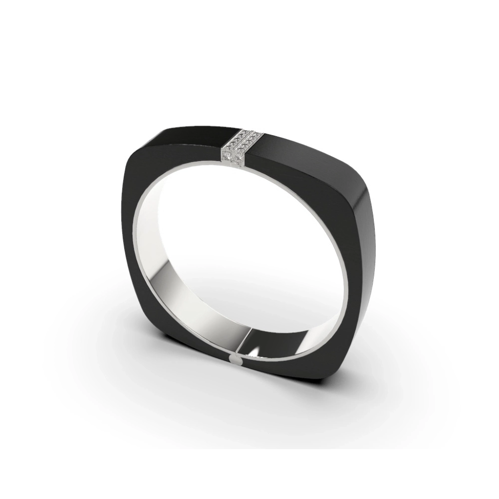 Front view of square Carla bangle in ebony wood and 18k gold with diamond pavé