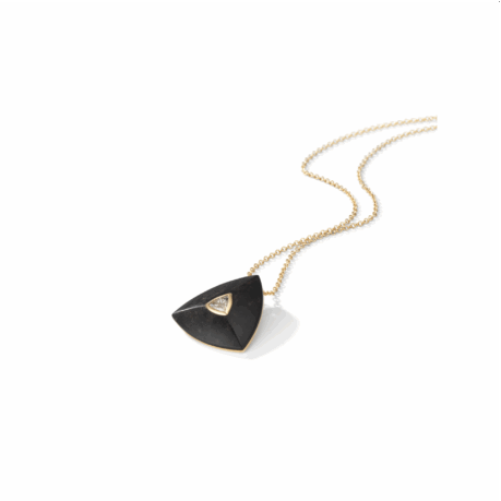 isometric view of Trillion pendant in ebony wood and 18k gold with solitaire diamond
