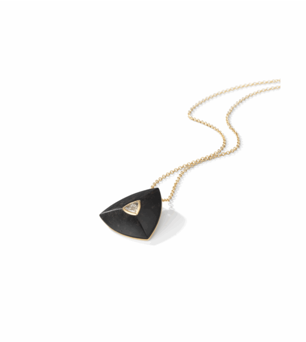 isometric view of Trillion pendant in ebony wood and 18k gold with solitaire diamond