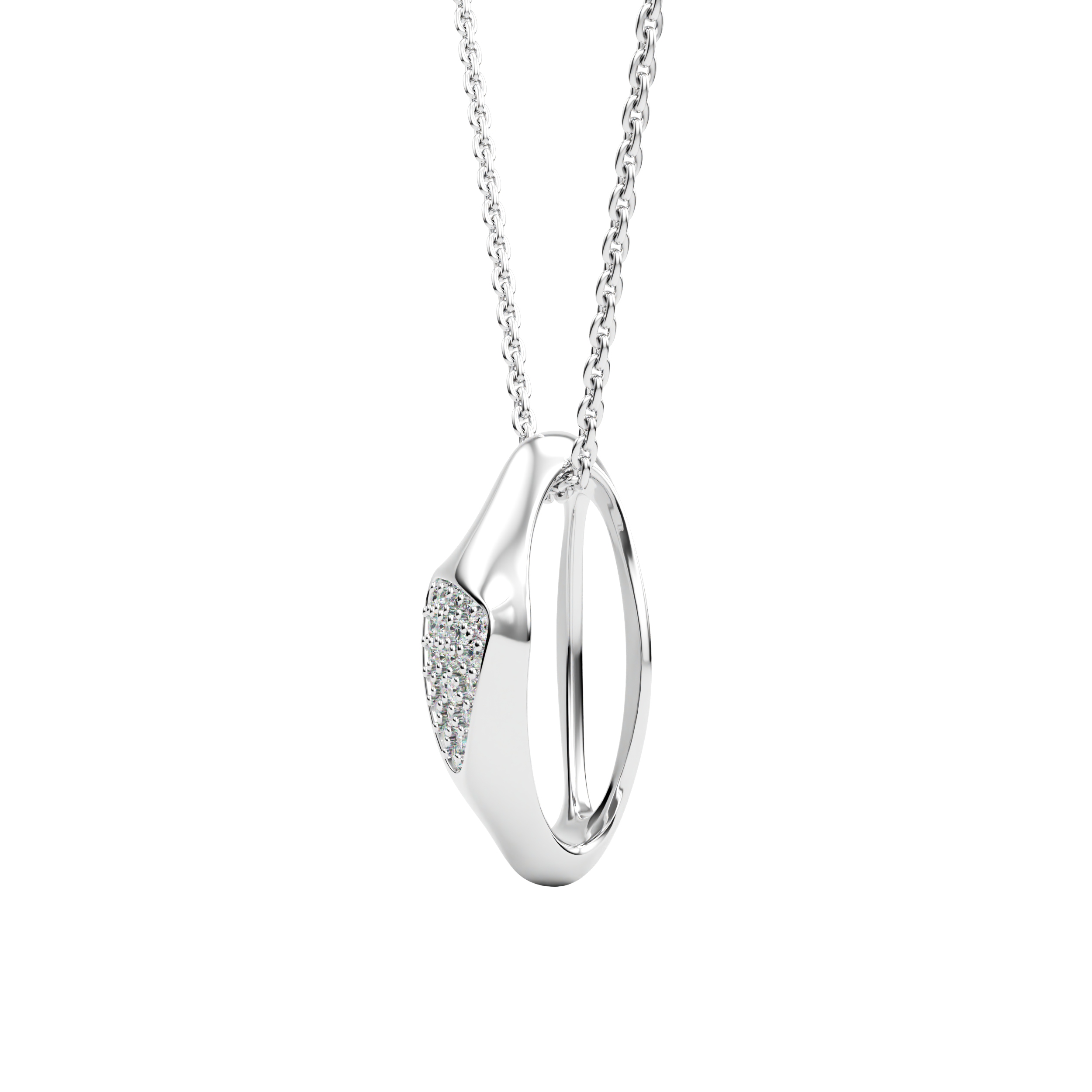 Side view of white gold Ajour Orbé pendant with diamond triangle