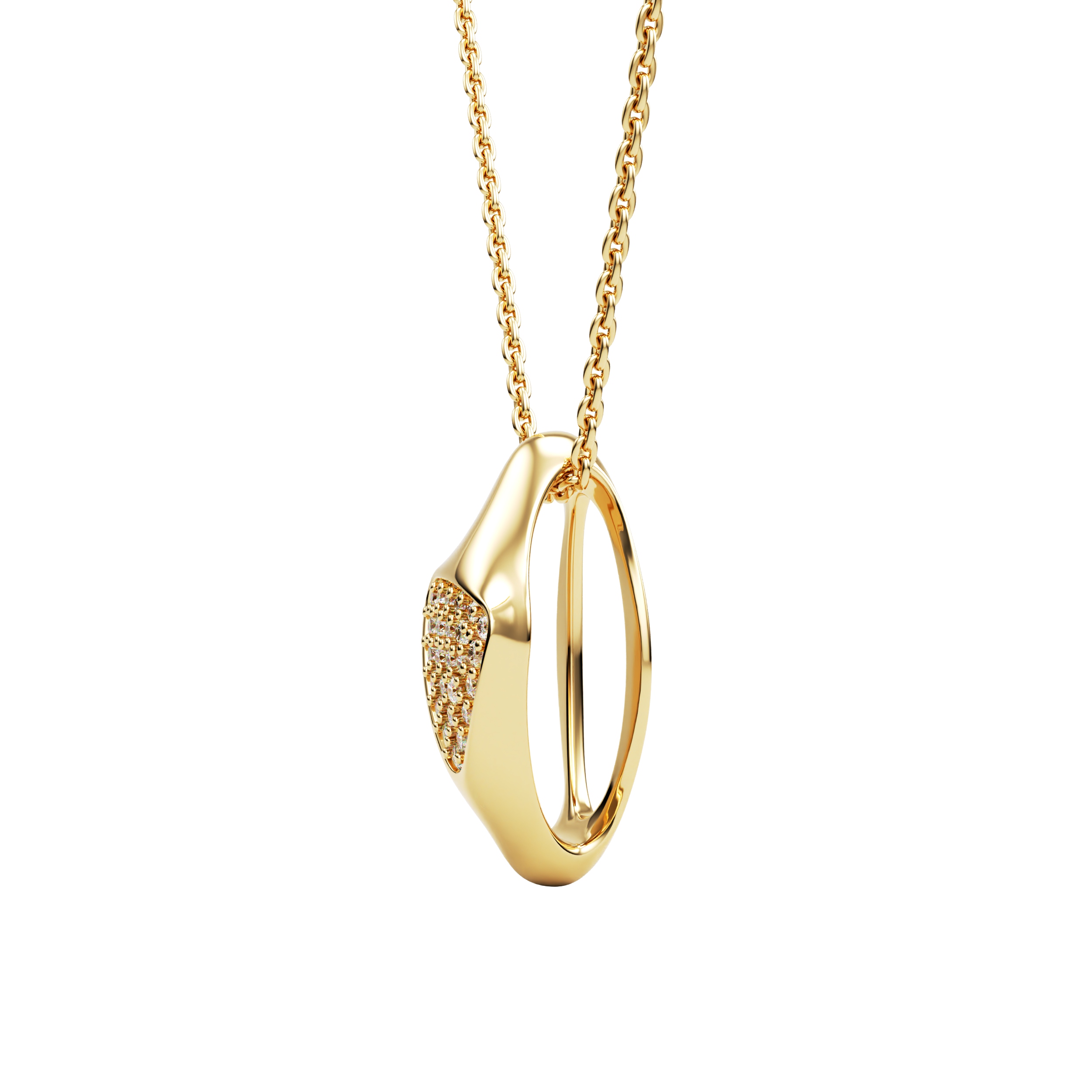 Side view of yellow gold Ajour Orbé pendant with diamond triangle