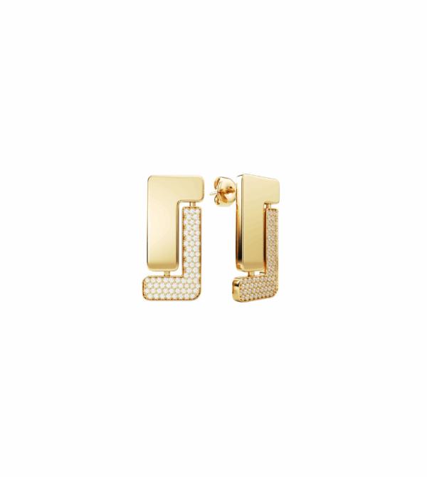 Nexus Solitaire earrings in 18k yellow gold with pavé diamonds, front nd angled view