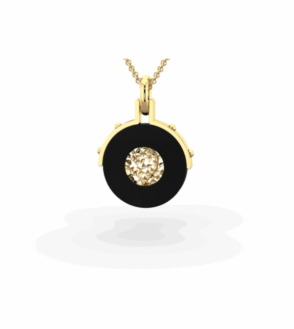 Auréole Végétale pendant in ebony wood and 18k yellow gold front view, shop landing