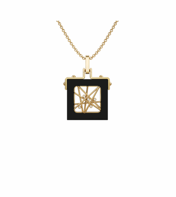 Pendant Toile Perlée in yellow gold and ebony wood front shop landing view