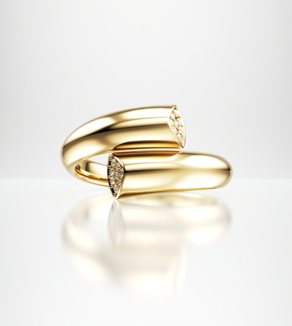 Angled view of Ajour Croisée crossover ring with brilliant-cut diamonds